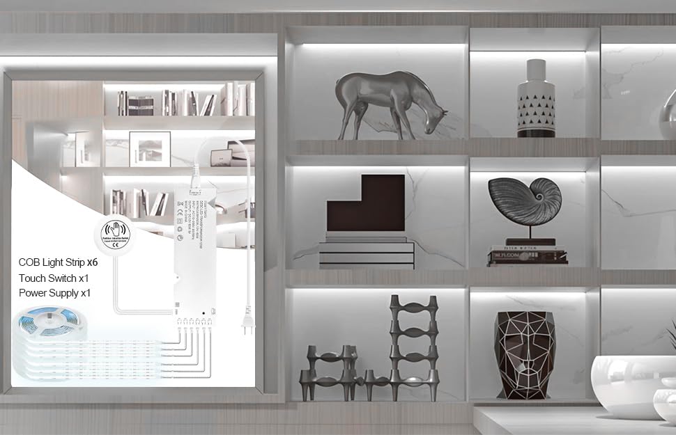 Under Cabinet COB LED Light Strip Kit,12V 6 Rolls 3.3FT White COB LED Strip Lights with Penetrable Wooden Board Hidden Touch Sensor Switch for DIY Kitchen,Wardrobe,Shelf,Display Cabinet Ligting Living Amazy