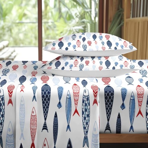 Pamnest King Size Bed Sheet Sets, Summer Blue Fish Soft Microfiber 4 Pcs Bedding Sets for Kids and Adults Bedroom Bed Decor, Cute Sea Red Flat, Fitted Sheet and 2 Pillowcases Pamnest