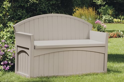 Suncast 50 Gallon Patio Bench with Storage - Decorative Resin Outdoor Patio Bench for Deck, Patio, Garden, Backyard - Ideal for Storing Toys, Cushions, Tools - Taupe () Suncast