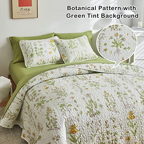 Joyreap 3 Pieces Reversible Quilt Set, Smooth Soft Microfiber Quilt, Yellow Flowers Green Leaves Botanical Design, Bedspread Bed Cover for All Season, 1 Quilt n 2 Pillow Shams (Full/Queen, 90x90) Joyreap