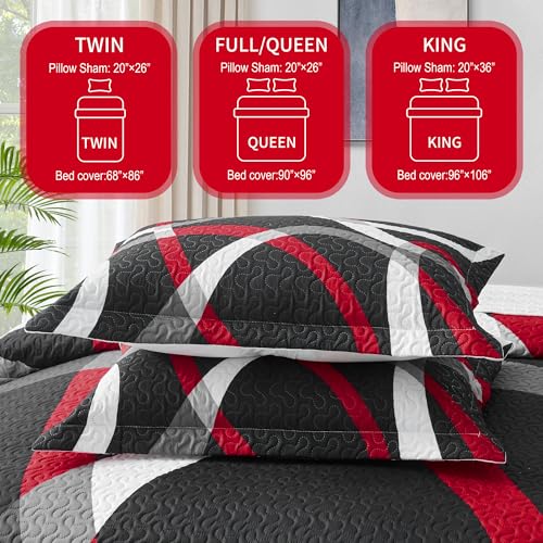 weesire Black and Red Bedding Quilt King Size with 2 Shams, Modern Stripe Comforter Sets Classic Line Pattern Bedspreads Grey and Red Coverlet, 96''x106'' weesire