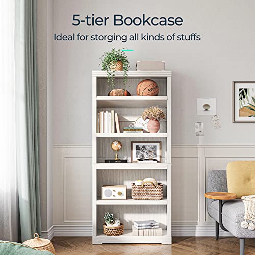 LINSY HOME 5-Tier Adjustable Bookcase in White Oak - Stylish & Durable Storage Solution - WoodArtSupply