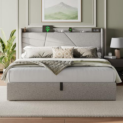 Feonase King Lift-Up Storage Bed Frame with Charging Station and Wingback Design in Light Gray - WoodArtSupply