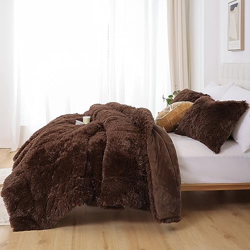 Smoofy Fluffy Queen Comforter Set, Faux Fur Comforter Set Queen Size, Luxury Fuzzy Bedding Set, Soft Shaggy Bed Set for All Season, 3 Pieces - 1 Comforter & 2 Pillowcases, Coffee Smoofy