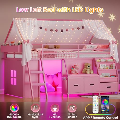 ADORNEVE Low Loft Bed Twin Size with Bookshelf, Reading Nook, LED Kids Loft Bed with 3 Drawers, Under-Bed Play Space, House Loft Beds with Safety Guardrail, Inclined Ladde & Play Curtain, Pink ADORNEVE