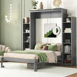 Merax Full Size Murphy Bed with 2 Five-Layer Cabinet, Modern Wall Bed with Shelves and LED Lights, Foldable Wood Platform Bed Folded into Cabinet for Guest Room, Home and Office, Grey Merax