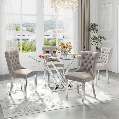HAIZAO 63'' Rectangular Glass Dining Table for 4-6, Luxury Kitchen Table with Tempered Glass and Aesthetic Silver Stainless Steel Base, Modern Dinner Table for Home, Apartment HAIZAO