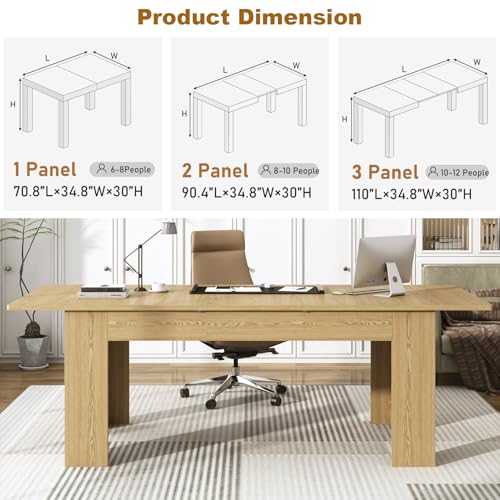 70.8"-110" Extendable Dining Table for 6-12 Person, Wooden Dining Room Table, Modern Extendable Table for Gatherings, Meeting for Small Kitchens, Dining Office Areas(Natural) Fingertip WD