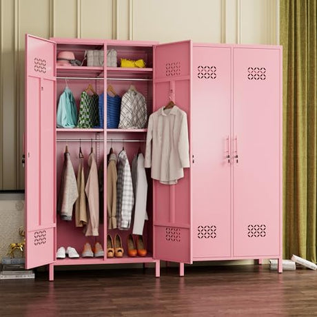METAN 71" H*33.5" W*20" D Metal Wardrobe Closet with Lock,Extra Deep 2 Doors Metal Wardrobe Cabinet for Home,Assembly Required,Pink METAN