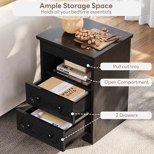 LIKIMIO Nightstand Set of 2, Night Stand with Pull Out Tray, Wooden Bedside Table with 2 Drawers and Open Shelf, Side Table for Bedroom, Black LIKIMIO