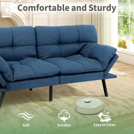 MUUEGM 71-Inch Futon Sofa Bed, Convertible Loveseat Sleeper | Modern Blue Linen Fabric | Adjustable Couch for Living Room & Small Spaces MUUEGM