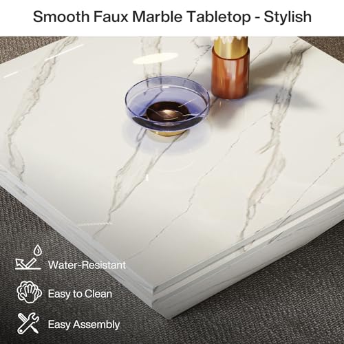 Tribesigns Coffee Table, 35.43-Inch Square Coffee Table with Faux Marble Tabletop, Modern Center Table for Living Room, Large Engineered Wood Cocktail Table, White Tribesigns
