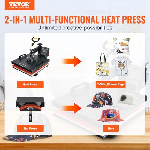 VEVOR 15x15 Heat Press & Hat Heat Press 2 in 1 Machine, Digital Temp&Timer Control, Heat Up Fast & Even - Cap & Shirt Press Combo Machine for Most Hats, T Shirt, Cap, Pillow, Bag, Pad, Hoodie - WoodArtSupply