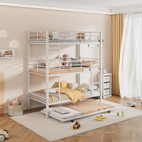 Triple Bunk Bed with Trundle Guardrail & Ladder Twin Size Metal, No Box Spring Needed, Easy Assemble Merax