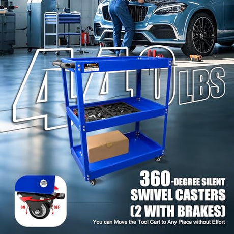FITHOIST 3-Tier Rolling Tool Cart, Thickened 440LBS Metal Mechanic Tool Cart on Wheels, Heavy Duty Rolling Carts with Wheels, Utility Service Carts for Mechanics Garage Warehouse Workshop Repair Shop FITHOIST