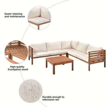 YSWH Exotic Design 4 Pieces Outdoor Patio Furniture Sectional Sofa Sets with Cushions, Eucalyptus Wood Frame with Slatted Tabletop Tea Table and Backrest, Natural Frame + Beige Cushions