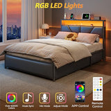OURPIC Full Size Bed Frame, 2-Tier Storage Headboard & 6 Drawers, PU Leather Upholstered Platform Bed Frame Full with Charging Station and LED Lights, No Box Spring Needed, Noise Free OURPIC