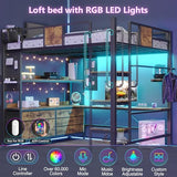 Loft Bed with Desk,Full Size loft bed, Loft Beds Full Size with 5 Fabric Storage Drawers & Stairs,Charging Station&LED Lights,Metal Bunk Bed with Desk, Removable Guard Ladder, Noise Free, Brown BYSAUD