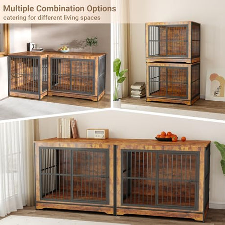 Rovibek 86 Inch Double Dog Crate Furniture, Dog Cage Furniture with Removable Divider & Trays, Large Wooden Dog Crates for 2 Dogs Indoor with Three Doors, Rustic Brown Rovibek