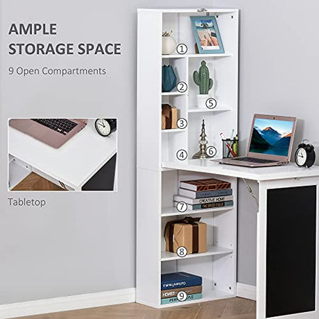 Zentrava Foldable Wall Mounted Desk with Storage Shelves, Fold Out Convertible Computer Table with Blackboard, Folding Writing Table Workstation for Small Spaces,Home Office (White) Zentrava