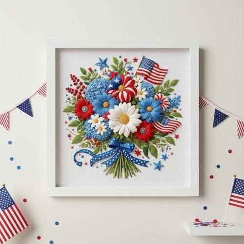 DIY American Independence Day Pattern Hand Embroidery Kit Beginner Friendly Round Circle Decorative Painting Needlework Art-Bouquet