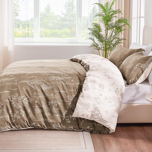 Love's cabin Light Taupe Twin Comforter Set - Twin XL Size Dorm Bedding, 2 Pieces Cute Floral Bedding Comforter Set, Soft Reversible Flowers Comforter, 1 Comforter & 1 Pillow Sham Love's cabin