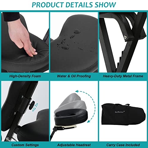 Pazidom Portable Massage Chair - Tattoo Chair with 4 Inch Thick Sponge, Height Adjustable, Light Weight, Foldable Spa Chair w/Face Cradle & Carrying Bag, Load Capacity 250LBS, Black Pazidom