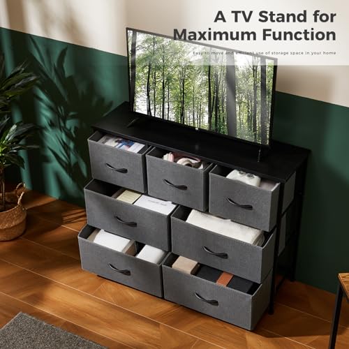 DUMOS Dresser for Bedroom with 7 Drawers, Storage Organizer Units Furniture, Chest Tower TV Stand with Fabric Bins, Metal Frame, Wooden Top for Nursery, Living Room, Kidsroom, Closet, Grey DUMOS