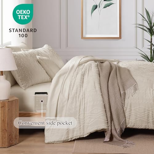 AMBERSPACE King Size Comforter Set Beige, Tufted Boho Bedding Farmhouse Bed Set, All Season 7 Pieces Bed in a Bag with Sheets, Pillowcases & Shams AMBERSPACE