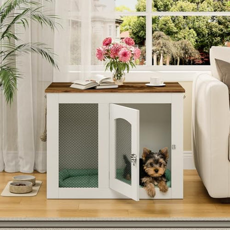 CHOEZON Wooden 30.1" Dog Crate Furniture, Farmhouse Pet Cage End Table with Secure Lock, Ventilated Mesh for Medium Dogs, Dog Kennel Furniture for Living Room, Bedroom, White and Walnut MGW02WL CHOEZON