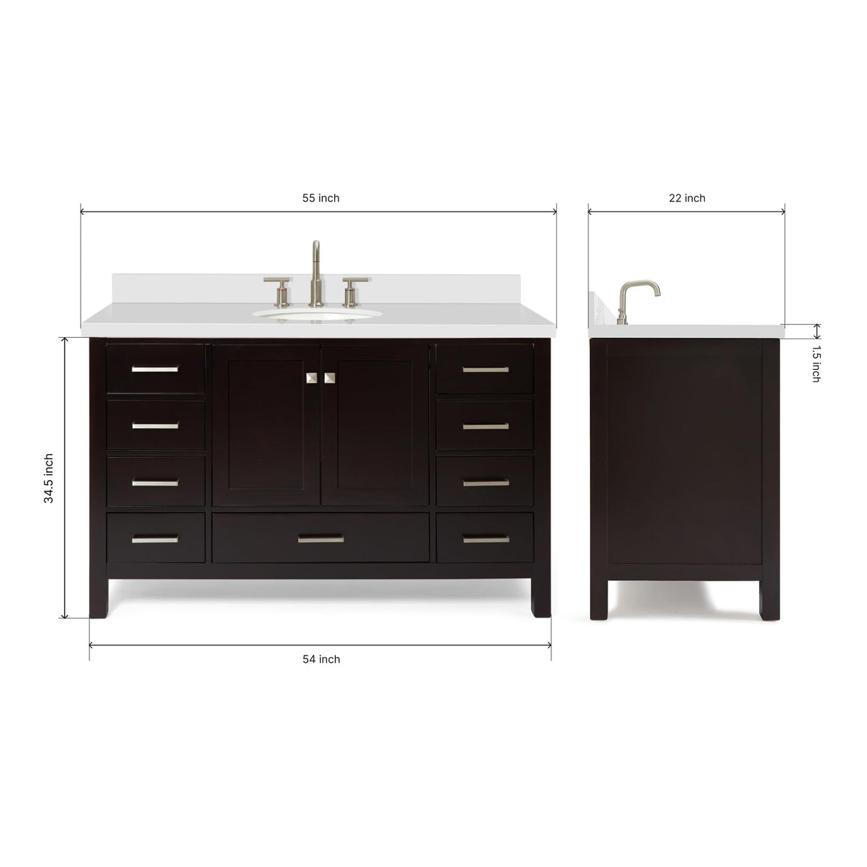 ARIEL Bathroom Vanity 55" Inch with Pure White Quartz Countertop and Oval Sink in Espresso, 2 Soft Closing Doors, 9 Full Extension Dovetail Drawers, with Backsplash, No Mirror ARIEL