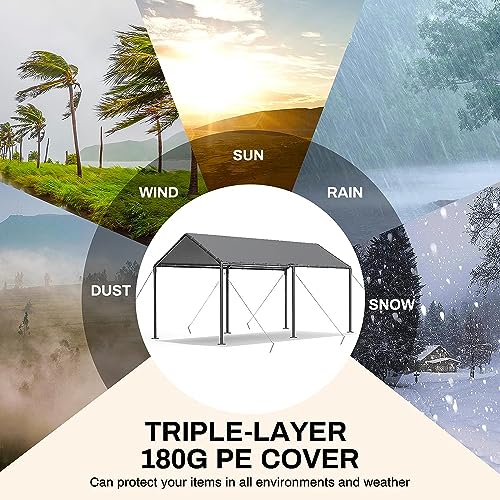 Carport Canopy 10x20 Heavy Duty, Metal Carport Waterproof Carport Garage Tent Outdoor for Car Tuck Boat SUV Party (Grey) gaildon