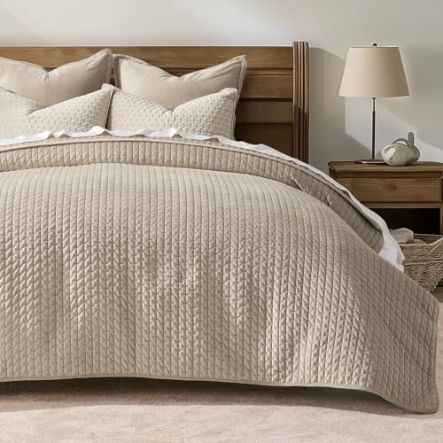 EVERGRACE Luxury Velvet Quilt Set King Size 3 Piece, Soft Cross-Stitch Velvet Comforter Set with Pillow Shams, Lightweight Coverlet Bedspread Bedding Set for All Seasons, Light Taupe EVERGRACEHOME