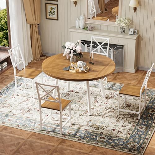 IRONCK Dining Table Set for 4, Round Kitchen Table and 4 Stool Chair for Dining Room, 44.5inch Drop Leaf Desk, Small Space Saving, Natural Wood IRONCK