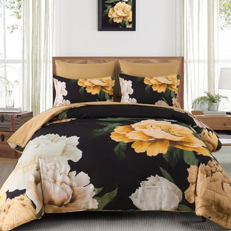 Dobuyly King Size Comforter Set 7 Piece Bed in a Bag, Yellow Brown Floral Printed on Black Comforter Set with Sheets, Soft Microfiber Botanical Boho Complete Bedding Set for All Season Dobuyly