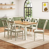 YUMPIE 7-Piece Farmhouse Dining Table Set for 6 People, 60" Wood Dining Kitchen Table & Chairs Set, Kitchen Table with 6 Upholstered Chairs, Perfect for Restaurant, Brown & White YUMPIE