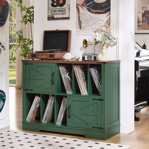 Joaxswe Large Record Player Stand with Vinyl Storage Up to 450 Albums, 39 Inch Farmhouse Wood Green Vinyl Records Storage Cabinet with Barn Doors, Mid-Century Accent Turntable Stand for Living Room Joaxswe