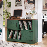 Joaxswe Large Record Player Stand with Vinyl Storage Up to 450 Albums, 39 Inch Farmhouse Wood Green Vinyl Records Storage Cabinet with Barn Doors, Mid-Century Accent Turntable Stand for Living Room Joaxswe