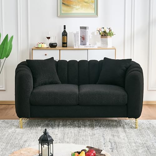 Black Cloud Couch for Living Room, 63.5" Modern Comfy Overstuffed Deep Seat Tufted Sofa with Gold Legs & Pillows, Plush Teddy Boucle Upholstered Curved Loveseat Settee with Round Arm (Black, 2 Seater) SLEERWAY