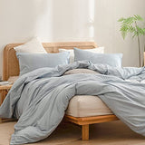 BESTOUCH Duvet Cover Set 100% Washed Cotton Linen Feel Super Soft Comfortable Chic Lightweight 3 PCs Home Bedding Set Cornflower Blue Queen BESTOUCH