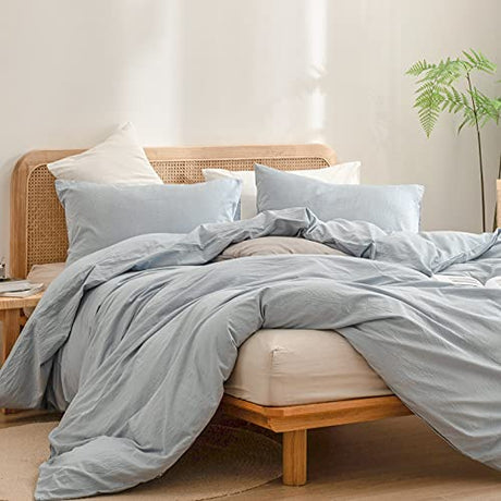 BESTOUCH Duvet Cover Set 100% Washed Cotton Linen Feel Super Soft Comfortable Chic Lightweight 3 PCs Home Bedding Set Cornflower Blue Queen BESTOUCH
