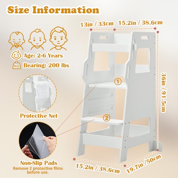 FUNLIO Toddler Tower with Safety Net, Kids Kitchen Step Stool, 3-Level Height Adjustable Toddler Stool Helper, Montessori Child Standing Tower, Easy to Assemble, CPC Approved - White