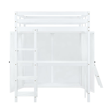 LostCat Full Size Loft Bed with Integrated Wardrobe and Desk in White - WoodArtSupply