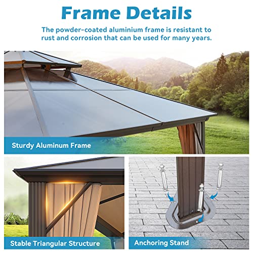 GAZEBEST 10' X 13' Permanent Hardtop Gazebo, Outdoor Polycarbonate Double Roof Pavilion Pergola Canopy with Aluminum Frame and Privacy Curtains for Patio, Garden, Backyard, Lawn GAZEBEST