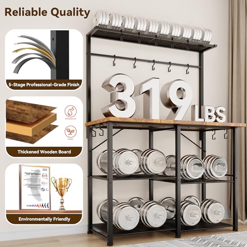 YASONIC Coffee Bar, Bakers Rack with Storage, 34.3 Inches Microwave Stand, 4 Tier Kitchen Shelves Appliance Storage, 14 S Hooks Large Coffee Station for Spices, Pots and Pans, Rustic Brown
