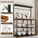 YASONIC Coffee Bar, Bakers Rack with Storage, 34.3 Inches Microwave Stand, 4 Tier Kitchen Shelves Appliance Storage, 14 S Hooks Large Coffee Station for Spices, Pots and Pans, Rustic Brown