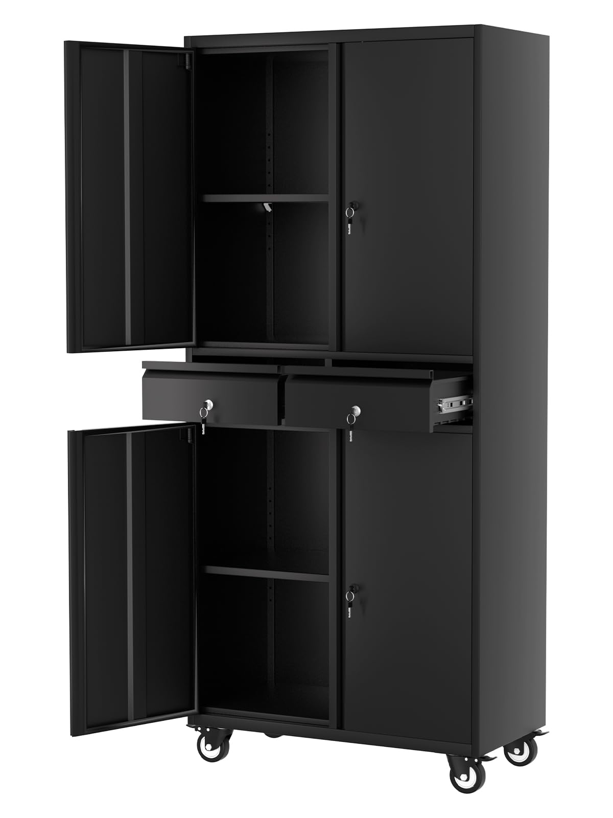 GarveeHome 72" Metal Storage Cabinet with Wheels, Locking Doors & 2 Drawers,Heavy Duty Rolling Garage Organizer with 3 Adjustable Shelves (with Wheels, with 2 Draws) GarveeHome