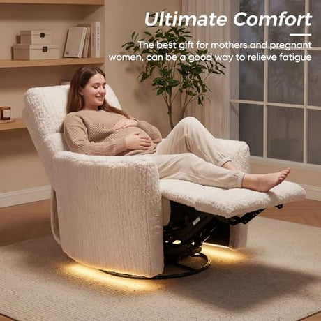 SENYUN Power Swivel Rocker Recliner for Adults, Large Glider Rocking Chair w/ 2 Pillows, USB and Type-C Ports, Night Light, Fluffy Plush Nursery Chair for Living Room, Bedroom,Nursery, Beige SENYUN