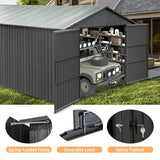 Domi 12x15FT Outdoor Metal Garage Shed, Extra Large Metal Carport with Lockable Double Hinged Doors, Heavy Duty Car Shelter for Car, Truck, Motorcycle and Lawn Equipment, Dark Grey domi outdoor living