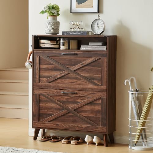 Joaxswe Shoe Storage Cabinet with 2 Flip Drawers, Farmhouse Shoes Organizer for Entryway, Narrow Hidden Shoe Rack with Legs & Open Storage, Freestanding Shoe Closet for Foyer, Hallway, Brown Walnut Joaxswe
